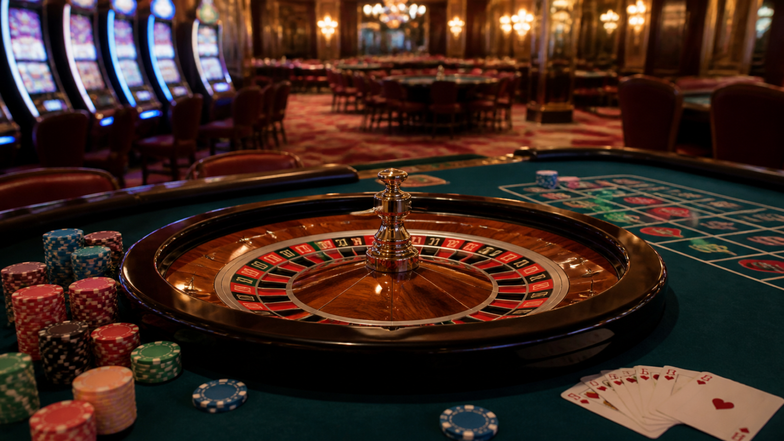 Immagine di un tavolo da casinò con roulette e carte