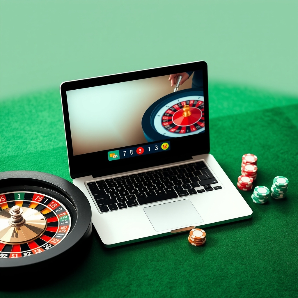 Mengenali Pilihan Permainan di Situs Judi Online Malaysia Laptop displaying online casino roulette beside a roulette wheel and casino chips on green felt