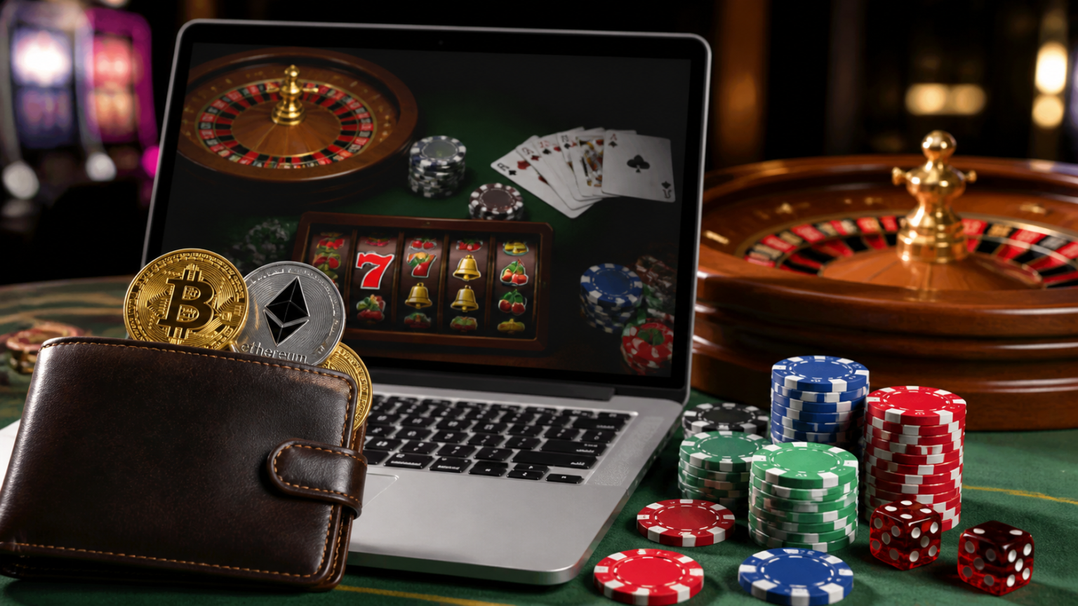 Crypto Casino Basics: What Players Should Consider Crypto casino gaming on a laptop with digital wallet and casino chips