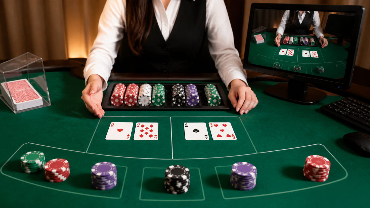 đánh baccarat trực tuyến: cách chơi và lưu ý Bàn baccarat với bài và phỉnh trong khung cảnh trò chơi casino