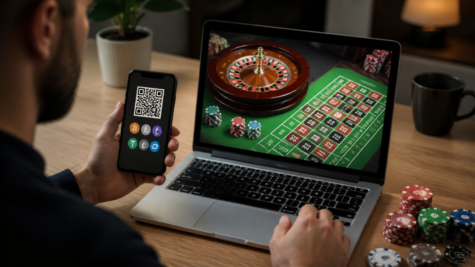 Laptop showing an online casino roulette game beside a cryptocurrency wallet screen