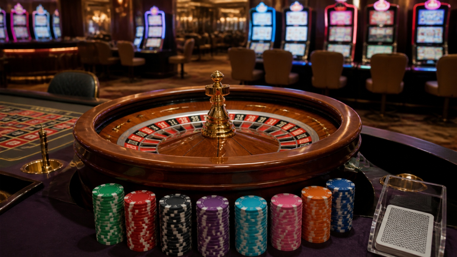 Tavolo da roulette in un casinò con fiches e carte