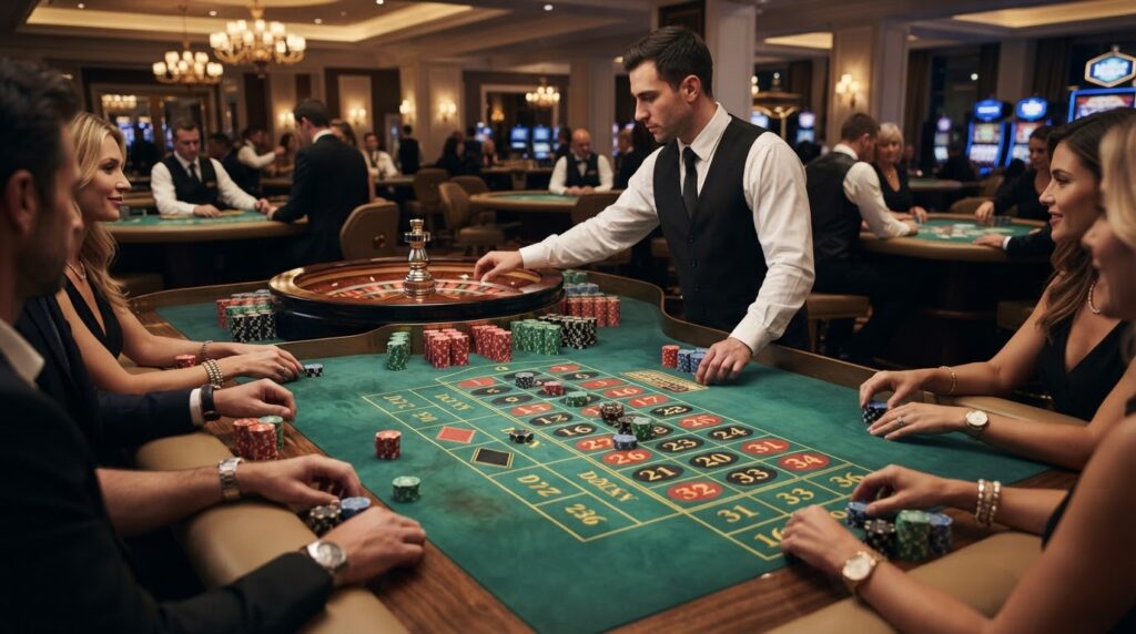 A classic green felt roulette table with red and black pocket wheel in a modern casino environment.