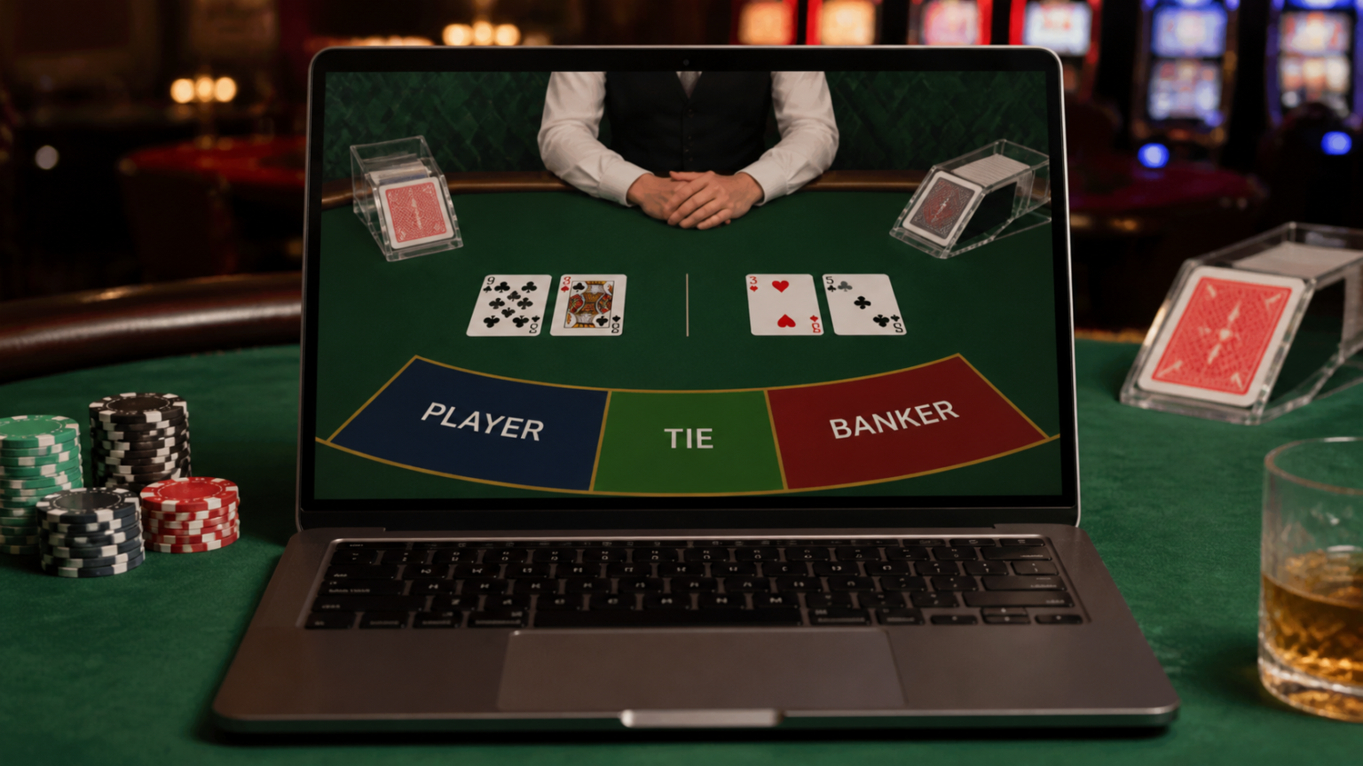 Hiểu luật baccarat và các cửa cược cơ bản: đánh baccarat trực tuyến Bàn baccarat trực tuyến hiển thị trên màn hình máy tính với bài và các cửa cược