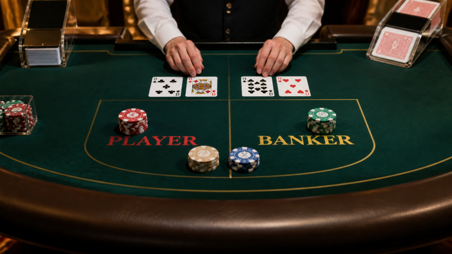 Bàn baccarat với bài và phỉnh trong không gian sòng bài