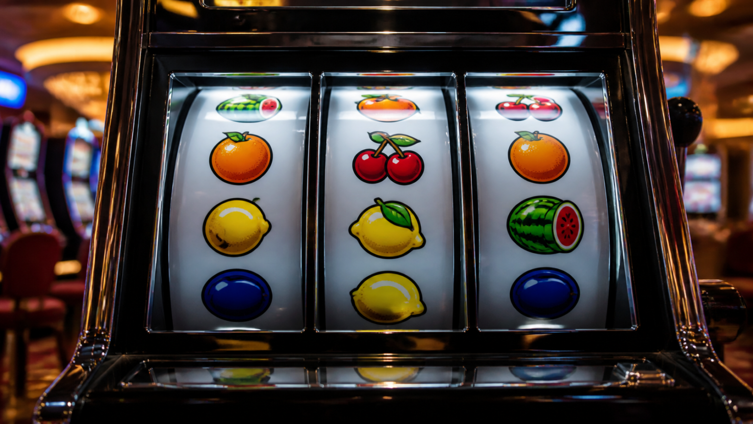 Máy trò chơi no hu với các cuộn biểu tượng sáng màu trong không gian casino