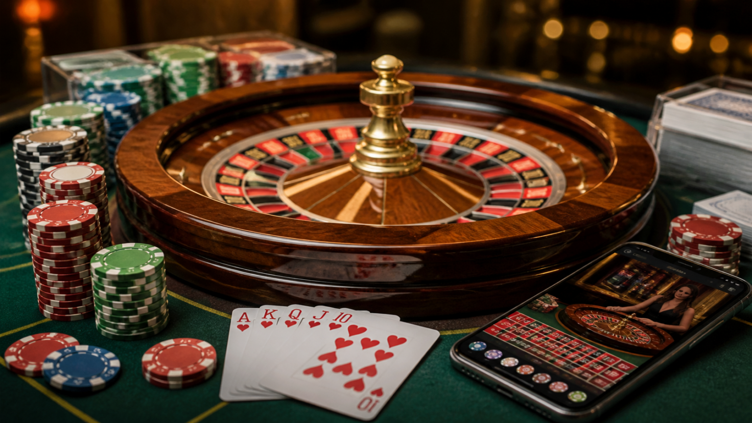 Casino table with cards, chips, and a smartphone for online casino Singapore