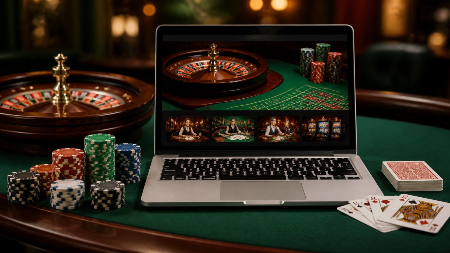 Casino gaming setup with a laptop showing an online casino