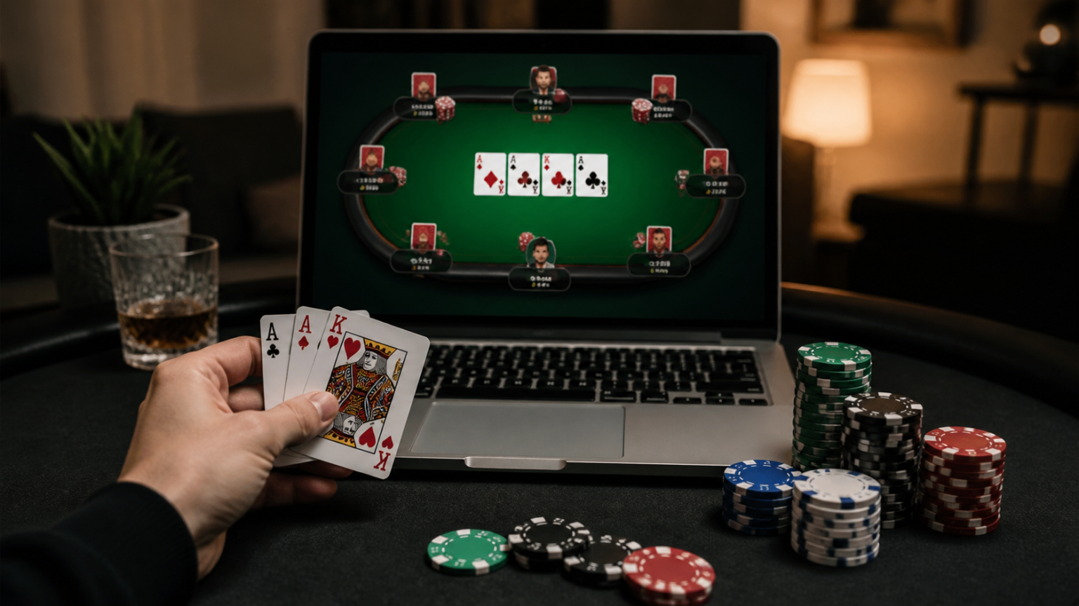 Poker Online: A Practical Guide to Playing Well Player at a poker table with cards and chips for online poker