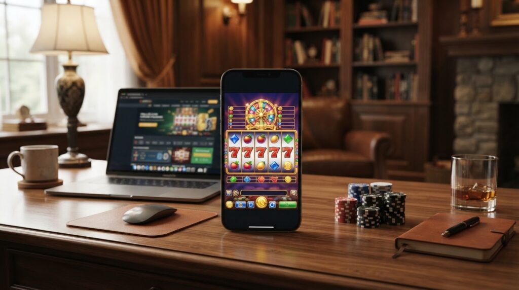 ภาพประกอบการใช้งานเกมสล็อตออนไลน์บนอุปกรณ์มือถือและคอมพิวเตอร์